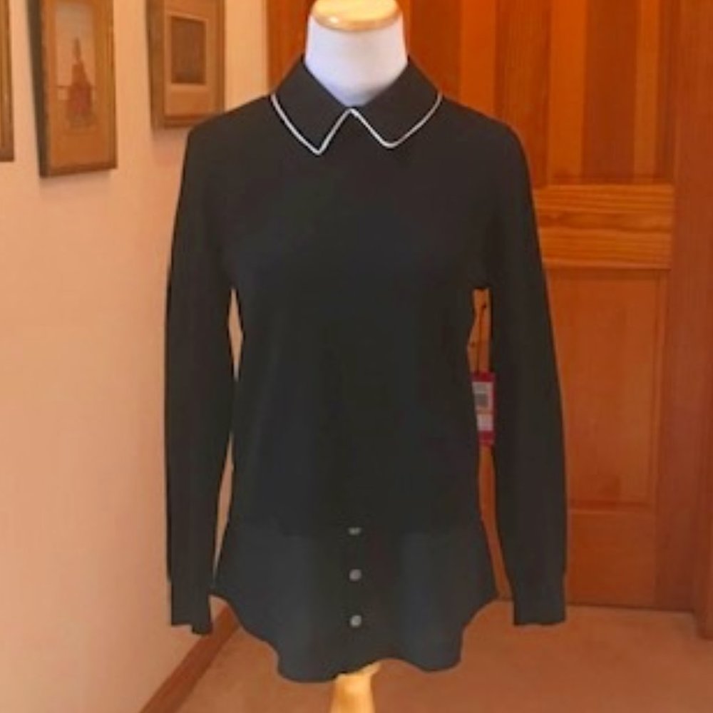 NWT - VINCE CAMUTO Black Peter Pan Collar Long Sleeve Shirttail Sweater Top - PS - Picture 2 of 11